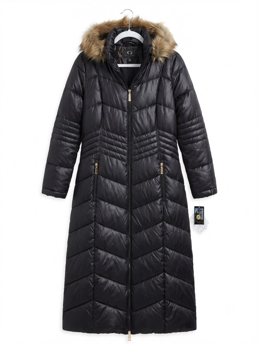 95-NWT-Gallery Black Long Quilted Puffer with Removable Faux-Fur Hood (S-XS)